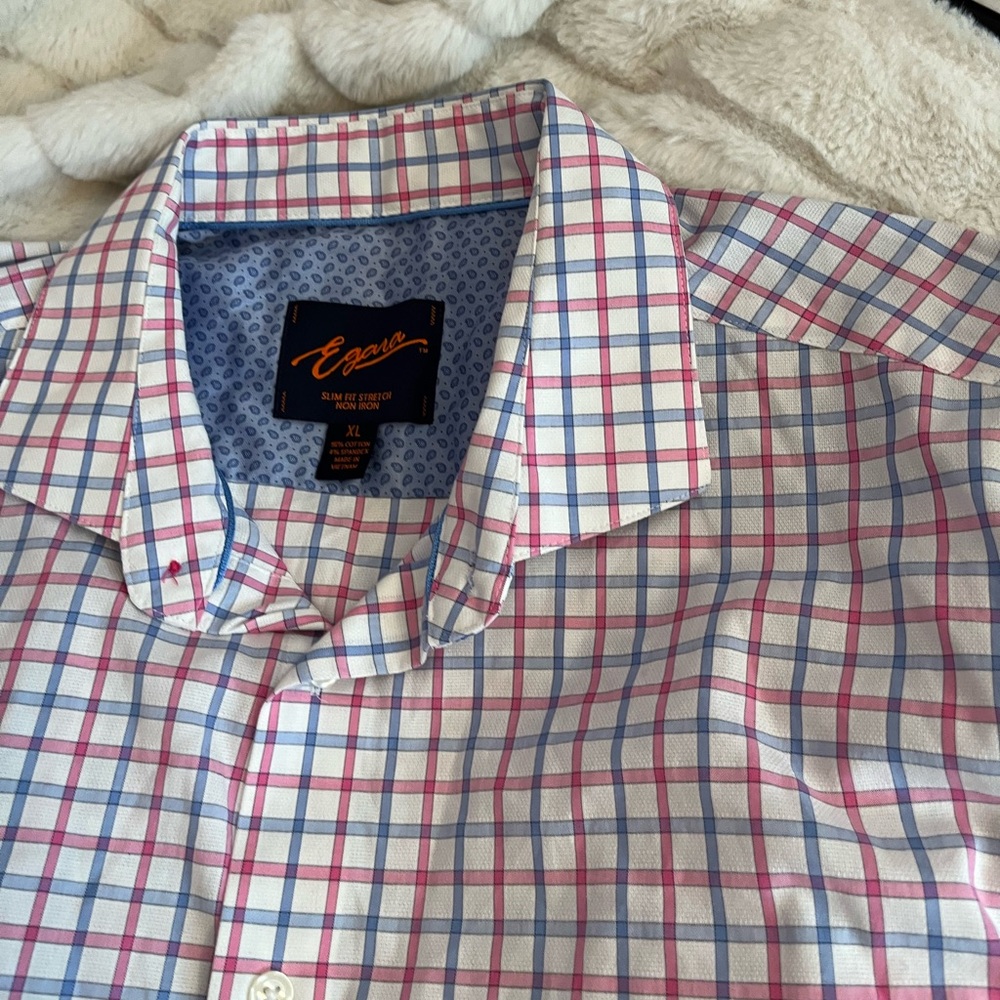 Egara Men XL Slim Fit Stretch Pastel Pink Blue Grid Plaid DadCore NonIron Button